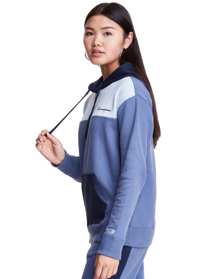 Champion Colorblock Fleece Kadın Kapşonlu Sweatshirt Mavi ( ZBVSLO731 )